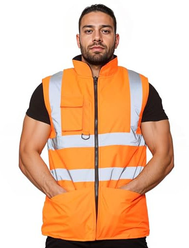 GUBA Mens Hi Vis Body Warmer, High Visibility Fleece Lined Reversible Waterproof Workwear Safety Security Warm Gilet Waistcoat Bodywarmer Sleeveless Jacket (Orange, L)