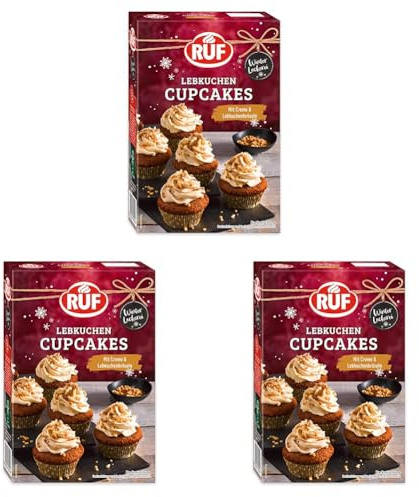 RUF Lebkuchen Cupcakes, leckere Lebkuchen Muffins mit cremigem Frosting, winterlichen Gewürzen sowie dekorativen Lebkuchenstreuseln, mit 8 Muffin Förmchen, 1x350g (Packung mit 3)