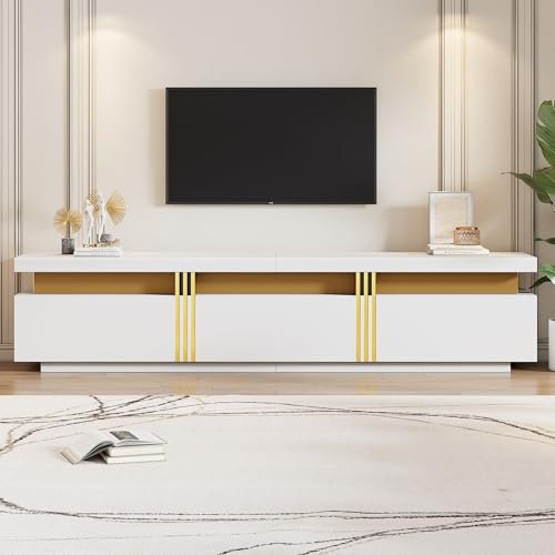 ModernLuxe Luxury TV Stand with Faux Marble Top, Golden Panel Design & 3 Drawers, Sturdy Media Console for TVs Up to 89, Modern Entertainment Center for Living Room, White