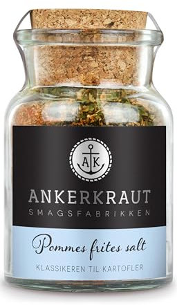 Ankerkraut Pommes frites salt, kryddersalt til fritter til både traditionelle pommes frites og pommes frites med søde kartofler, med havsalt, sød paprika og røget salt, 130g i glas med korklåg