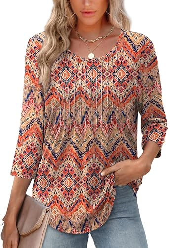 Aokosor Womens 3/4 Sleeve Tops for Women UK Scoop Neck Casual Pleated Tunic Loose Fit T Shirts Blouses Ladies Tops Size 10-12 F-Boho M