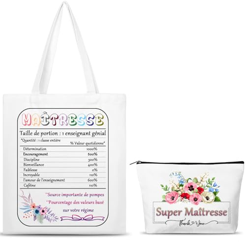 SAKNYUFO Ensemble Cadeau Professeur Sac Shopping & Trousse Super Maîtresse en Coton Lavable Cadeau Original Pour Enseignants - Idéal Fête des Maîtres, Noël ou Fin d'Année Scolaire