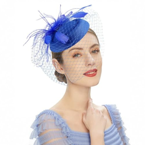 howkuhat Fascinators für Damen, Vintage-Stil, Pillbox-Hut mit Schleier, Feder-Stirnband, Kopfbedeckung, Hochzeitshüte für Frauen, Teeparty, Fascinator für Hochzeiten, Haarschmuck, dunkelblau