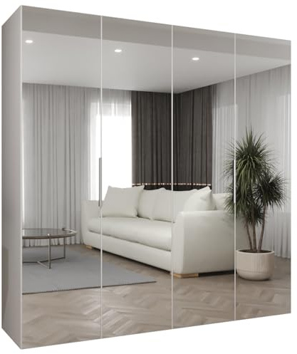 MEBLE KRYSPOL - Kleiderschrank mit Spiegel - Drehtürenschrank - Schrank 200x202x52cm - Garderobenschrank Schlafzimmer, Flur, Jugendzimmer - Farbe Weiß, Griff Kaschmir - Marbella 3 200