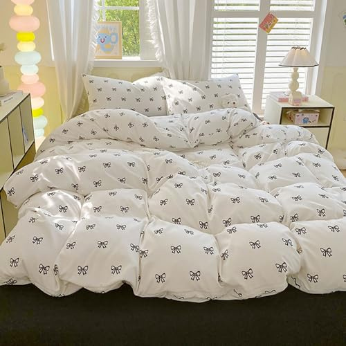 Covebett Weißes Bettbezug-Set, Einzelbett mit schwarzen Schleifen, Mikrofaser, niedlich, ästhetisch, Mädchen, schwarz-weiße Schleife, Bettbezug 135 x 200 cm, mit Reißverschluss und 1 Kissenbezug 50 x