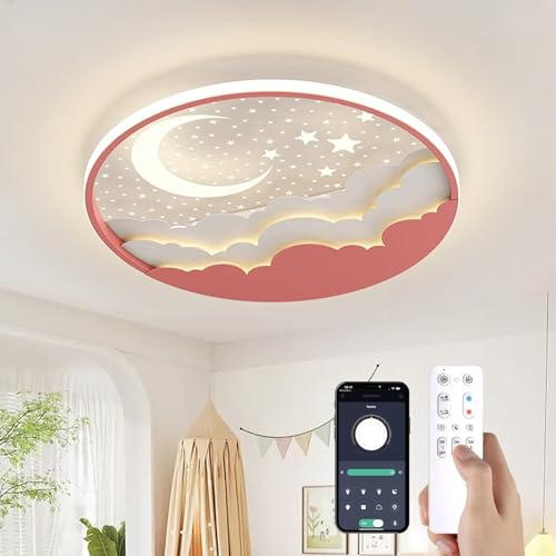 YZBEIMDAI LED Kinder Deckenlampe, 40cm Dimmbar Stern Mond Deckenleuchte Für Kinder mit Fernbedienung＆APP, mit Nachtlichtfunktion,Timer, Junge Mädchen Schlafzimmer,Rosa