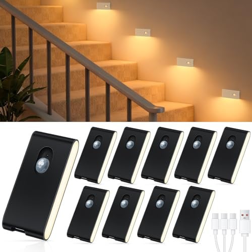 WILLED 10 Stück Treppenlicht mit Bewegungsmelder Innen in Schwarz, Aufladbar mit 500mAh Akku (2 Monate), 2700K Warmweißes LED Nachtlicht für Flur, Schlafzimmer - Inkl. 3-in-1 USB-C Kabel