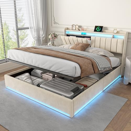Bett 160x200 mit Bettkasten, Polsterbett mit Stauraum, Doppelbett mit LED und USB, Jugendbett 160x200 mit Stauraum-Kopfteil, Hydraulisch Stauraumbett, Boxspringbett, Samt, Beige, Ohne Matratze
