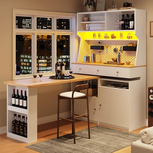 Oslghy Küchenschrank, Hochschrank, Buffetschrank mit LED & Ausziehbarer Tisch, Vorratsschrank Snackschrank, Modern Mehrzweckbuffet mit Tischschrank, 2 Türen und 3 Schubladen, Weiß, 137×45×178cm