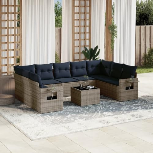 Yunovire 10-teiliges Gartensofa-Set, Grau Polyrattan, UV-beständig, mit Kissen, Gartentisch aus gehärtetem Glas, modulares Design für Balkon, Terrasse