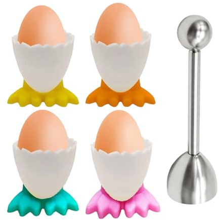 Yuwnd 4 Stück Eierbecher Lustig und EIN Eieröffner aus Edelstahl, Lustige Eierbecher, Eierköpfer Eierständer Eierhalter für Rohes Gekochtes Eier Brunch
