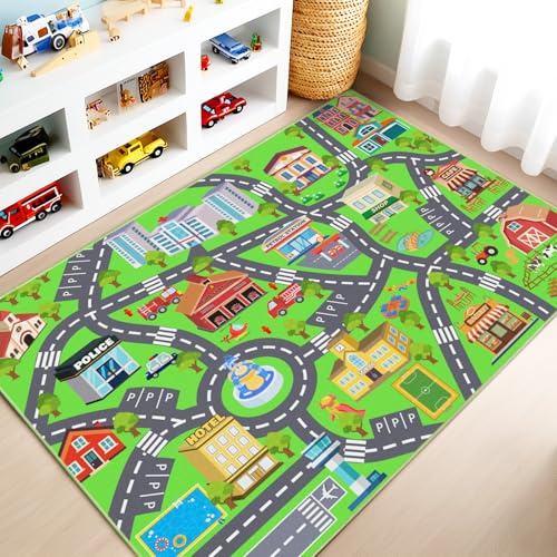 Rezutan Autoteppich Kinder mit Straße, Kurzflor Waschbar & rutschfest Teppich für Kinderzimmer, spielteppich straße für Klassenzimmer, Spielzimmer, Schlafzimmer, 80X150cm