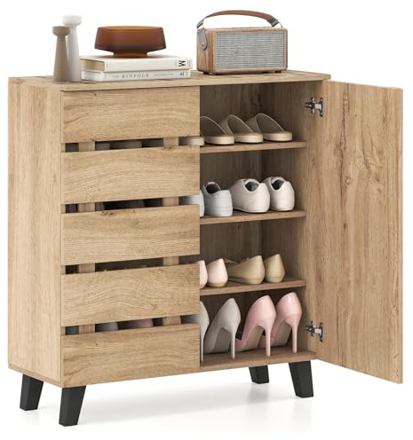COSTWAY Wooden Shoe Cabinet, 4-Tier Farmhouse Shoe Cupboard with Louvered Door and Removable Shelves, Freestanding Footwear Rack Shoes Storage Organiser for Hallway Entryway, 80x33x88cm, Natural