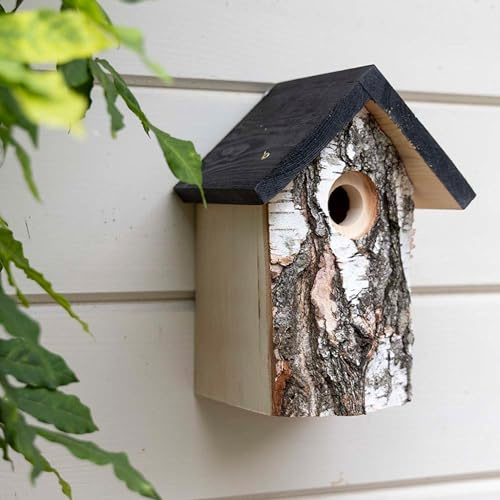 CJ Wildlife Nistkasten – Nistkasten für Vögel für draußen wetterfest – Aus Birkenholz mit natürlicher Rinde – Für Kohlmeise, Kleiber und Feldsperling – Gartenvogel Brutkasten