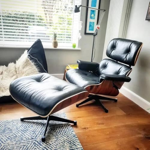 Birchwerkhaus Echtleder-Entspannungssessel mit Fußhocker, moderner Fernsehsessel, drehbarer Chaiselongue mit Ottomane, Fester Neigungswinkel von 105°, einzigartiges Design mit gepolstertem Kissen