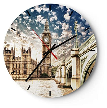 Modern Wanduhr London Architektur Big Ben 40x40cm Rund Groß Wand Uhr Glas Analog Zimmeruhren Küche Büro Wohnzimmer Glasuhr Wall Clock Dekoration Design Wanddekoration Küchenuhr C3AR40x40-2415