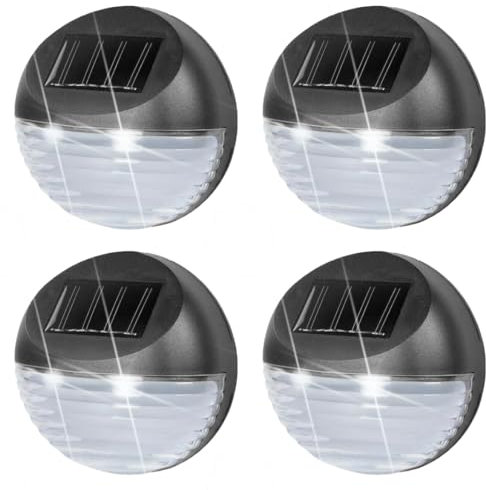 GEEZY Solar Fence Lights, Set of 4 – Cold White LED, Black, Auto On/Off Dusk-to-Dawn, Water & Weather Resistant – Solar Lights Outdoor Garden for Walls, Fences, Decks