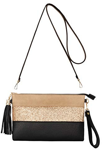 CRAZYCHIC - Sac Bandoulière Paillette Cuir Multicolore Femme - Pochette Soirée Plate Bandes Strass Brillant Souple - Fourre-Tout Besace Sac à Main - Mode Chic Tendance - Noir