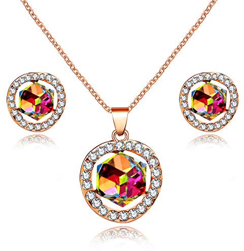 Uloveido Frauen Rose Gold überzogene quadratische Würfel-Kristallhalskette, Legierungs-Kreis-runde hängende Halskette und Bolzen-Ohrringe eingestellt Y453