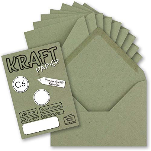 75x Kraftpapier Umschläge DIN C6 Grün - 11,4 x 16,2 cm ohne Fenster - Vintage Briefumschläge mit Nassklebung Spitzklappe - NEUSER PAPIER