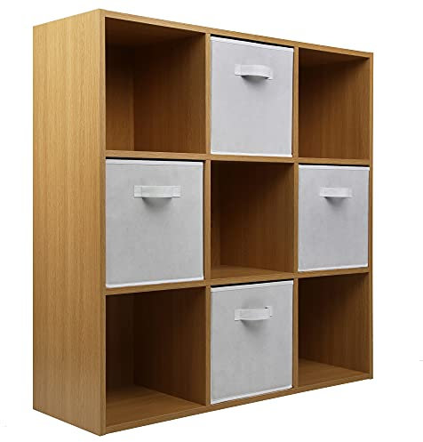 Charles Jacobs Oak 9 Cube Storage Shelving Unit + 4 White Fabric Drawers