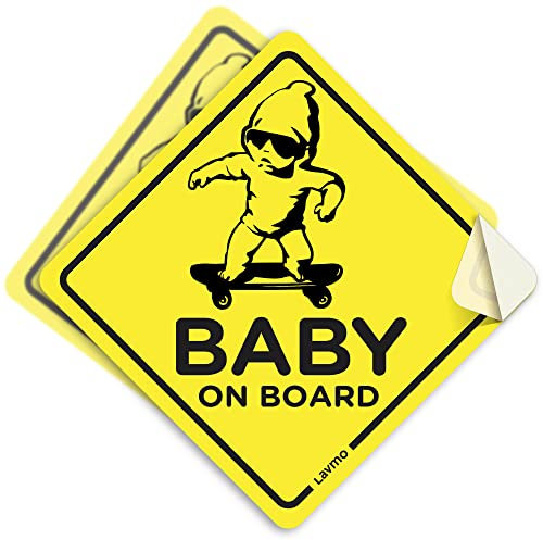 LAVMO Baby On Board Aufkleber für Autos (2 Stück) – leuchtend gelbe reflektierende Sicherheitsschilder – 12,7 x 12,7 cm, lustiger und niedlicher Sicherheitsaufkleber für Fenster und Stoßstange, keine