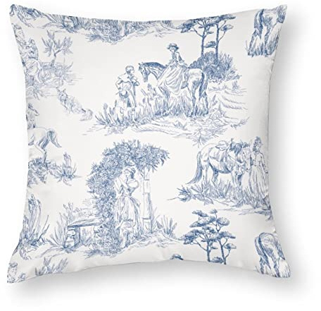 NIBABAEU Kissenbezug, Motiv: Toile de Jouy, Motiv: alte Landschaft, Menschen, Pferde, dekorative Kissenbezüge, 45,7 x 45,7 cm, weiches Polyester, quadratisch, für Wohnzimmer, Sofa, Couch, Bett, 1