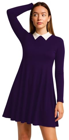 Hamishkane® Ladies Peter Pan Collar Swing Dress, Long Sleeve Skater Top, Classic A-Line Fit & Flare Style, Vintage Halloween Party Outfit, UK Size 8-26 Purple