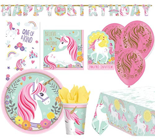 Amscan 9050 0384-66 - Partyset Magical Unicorn, 68-teilig, Einweggeschirr & Dekoration, Einhorn-Motiv, Kindergeburtstag, Motto-Party