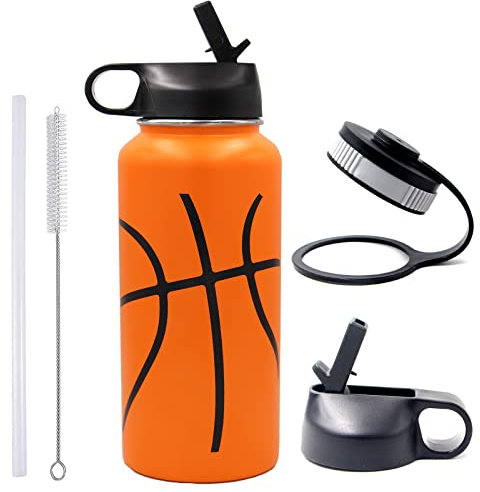 900 ml Basketball-Wasserflasche, BPA-frei, Metall-Baseball-Softball-Flasche mit 2 Deckeln (Strohdeckel + Flexkappe), 18/8 Edelstahl, doppelwandig, warm/kalt Sportflasche (900 ml, Basketball) Ketball)