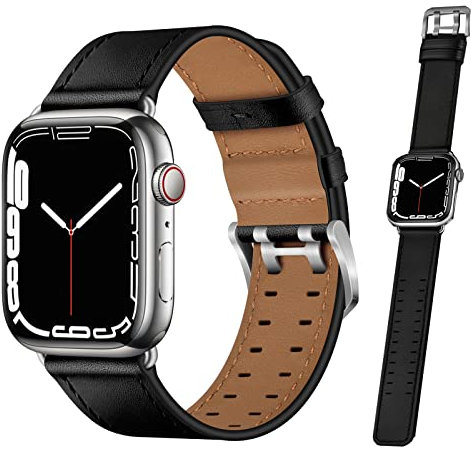 Compatible with Apple Watch Band, Vintage Genuine Leather Bands Replacement Strap for IWatch SE Series 7 6 5 4 3 2 1 Retro for Women Men 45mm 44mm 42mm 41mm 40mm 38mm (41mm/40mm/38mm,Black/Silver)