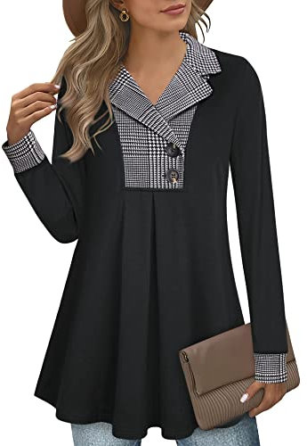 Gaharu Women's Swing Tunic Notch Collar Ladies Button Sweatshirt Long Sleeve Pullover Shirt Tops, Black and White, XL