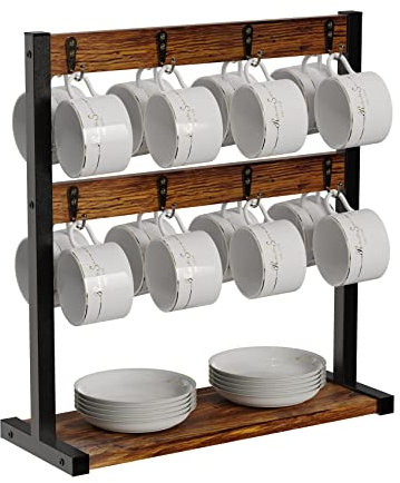 unho Coffee Mug Holder Stand: Wooden Countertop Tea Cup Rack Hanger Display Organizer with Dish Storage Shelf and 16 Double Sided Metal Hooks for Kitchen