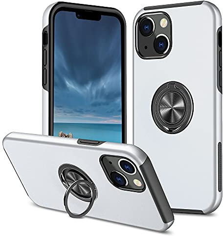 EYZUTAK Case for iPhone 14, 360 Degree Rotation Magnetic Metal Finger Ring Holder Magnet Car Holder Inner Silicone with Camera Protection Glossy Anti-drop Hard Cover - Silver