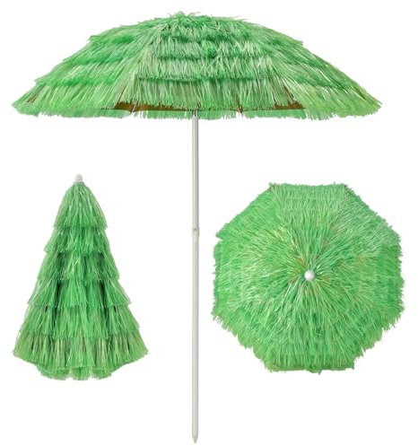 RELAX4LIFE Sonnenschirm Hawaii Stroh, Strandschirm Gartenschirm Neigbar, Balkon Strand Strohschirm Ø 200 cm, Reisstroh Marktschirm Sonnenschutz, Bastschirm Hawaiischirm Rund(Grün)