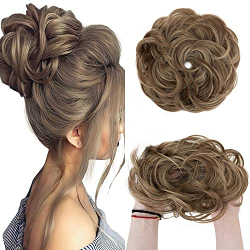SEGO Haarteil mit Gummiband Große Dutt Haarteile Haargummi mit Haaren Extensions Pferdeschwanz Zopf für Damen (55 G) Hellbraun mix Aschblond