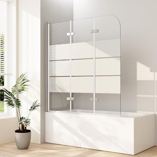 Duschwand für Badewanne, 130x140cm(BxH) 3-teilig faltbar Badewannenaufsatz Milchglas Gestreift Badewannenfaltwand Duschwand Faltwand Duschabtrennung für Badewanne mit 6mm ESG Sicherheitsglas