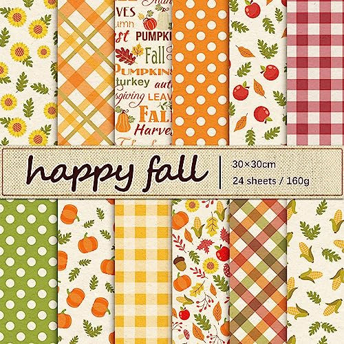 Whaline 24 Stück Herbstmuster Papier Herbstblätter Kürbis karierte Wellen Scrapbook Papier bunt doppelseitig dekorativ DIY Kunst Bastelpapier für Kartenherstellung Scrapbook Fotoalbum Dekor, 30x30 cm