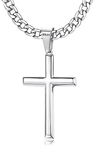 Chriscoco Kreuz Kette für Herren Damen 925 Sterling Silber Kreuz Anhänger mit Edelstahl Kubanische Kette Halskette 5MM Breit Silber Kette für Herren-41CM
