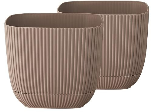 Tymar Blumentopf mit Untersetzer, 2er-Pack, Übertopf aus Kunststoff, Quadrat Form (15x15 cm, Braun)