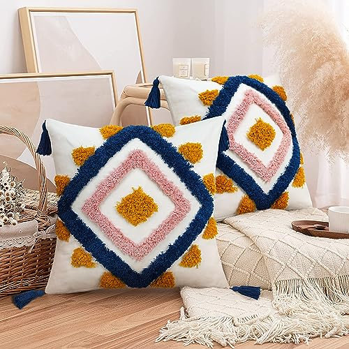 Merrycolor 2er Set Kissenbezug 50x50cm, Rosa Getuftet kissenbezüge mit Blau Quasten Boho Baumwolle Leinen Dekokissen Zierkissenbezug für Schlafzimmer Wohnzimmer