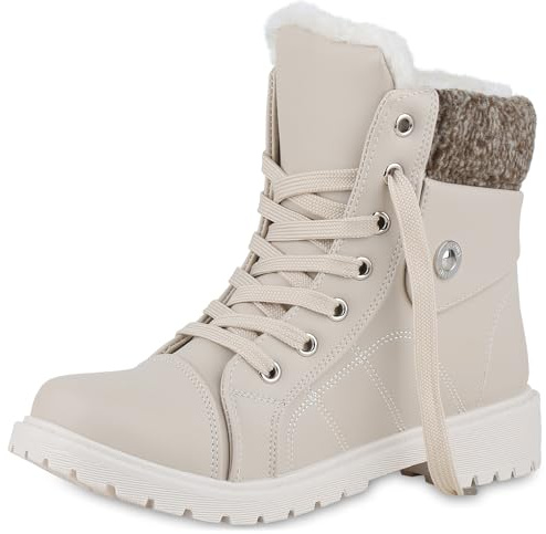 VAN HILL Damen Stiefeletten Worker Boots Warm Gefüttert mit Blockabsatz Profilsohle