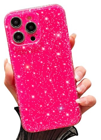 FABSPARK Custodia per iPhone 15 Pro, super carina e vivace con glitter al neon, luccicante, lucida, antiurto, sottile, custodia protettiva per fotocamera per iPhone 15 Pro da 6,1 pollici, rosa acceso