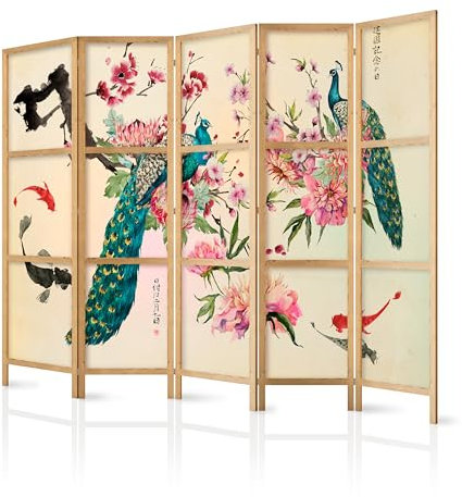 murando - Paravent Innen Raumteiler Holz Natur 225x172 cm 5-teilig Japanische Trennwand Raumtrenner Room Divider Mobiler Sichtschutz Spanische Wand Raum Abtrennung Pfau Blumen Botanik p-C-0002-bh-c