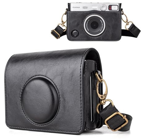 HIYQIN Mini EVO Kameratasche, Vintage Schutzhülle aus Leder für Fujifilm Instax Mini EVO, für Fuji Instax Mini EVO Cover mit verstellbarem Riemen - Schwarz