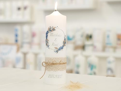 meinkerzenshop Hochzeitskerze MALMÖ personalisiert mit Namen und Datum, individuell und mit Echtwachs handverziert