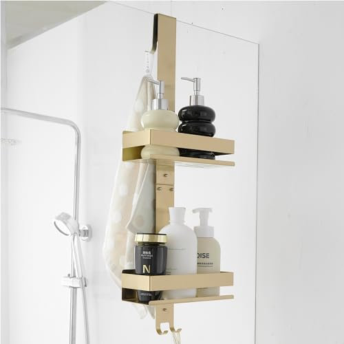 NEWRAIN Shower Caddy Hanging, Over Door Stainless Steel Double Layer Shower Shelf, No Drilling Bathroom Storage for Glass Door with Hooks, Gold