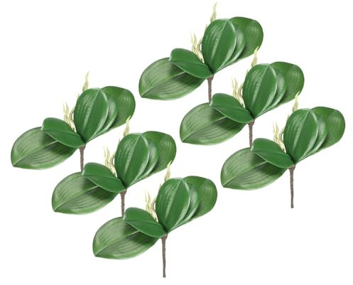 PATIKIL Künstliche Orchidee Blätter 4.4 6 Pack Kleine Künstliche Phalaenopsis Laub Echt Latex Note Grün Pflanze 5 Blätter mit Stielen für Heim Blumen Topf Dekor Grün