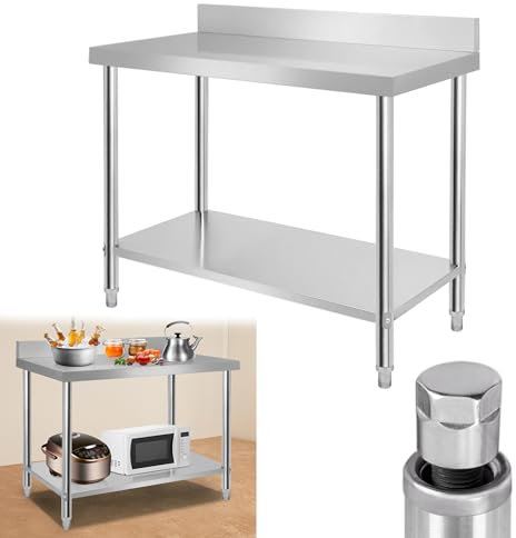 Suusolny Edelstahltisch Edelstahl Arbeitstisch Verstellbarer Höhe mit Füße Küchentisch Tisch Arbeitstisch Esszimmertische Pflanztisch für Küche Restaurant -120 x 60 x 85cm, mit Aufkantung