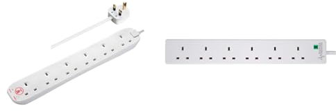 Masterplug SRG6210N-MP Six Socket Surge Protected Extension Lead, 2 Metres, White & PRO ELEC PELB1703 6 Gang Extension Lead with Surge Protection White, 5m